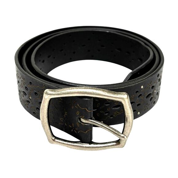 Black leather belt top stitch details laser cut nickel silver buckle & studs 42\
